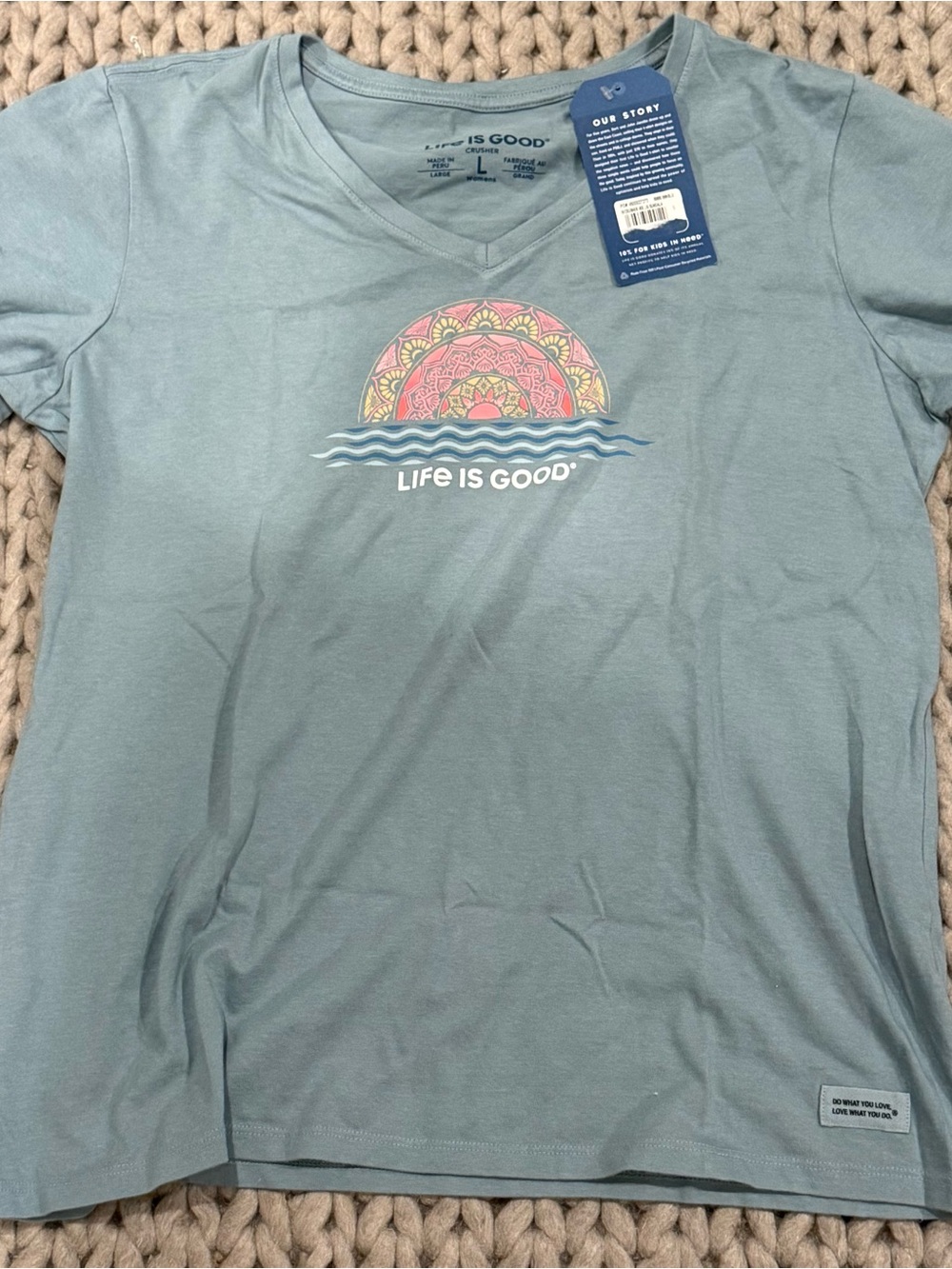 Life Is Good Light Blue V-Neck Tee with Colorful Mandala Sun